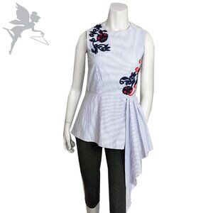 SUNO Asymmetrical floral embroidered stripe top